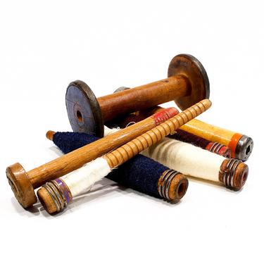 ANTIQUE: 7 Wooden Industrial Textile Spools - Bobbin Quills Spindles - Thread Yarn Primitive Rustic Crafts Repurpose - SKU 26 27-E-00015940 
