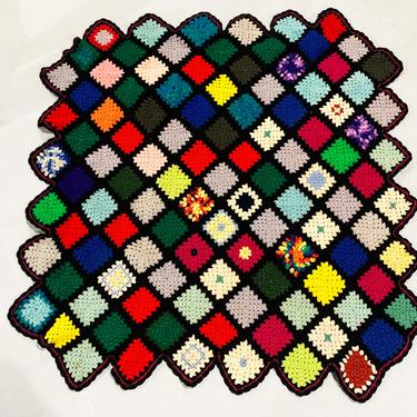 True Vintage Rainbow Blanket Colorful Retro Throw Crochet Afghan 70s 1970s Diamond Colorful Black Handmade Kitschy Granny Square Grannycore 