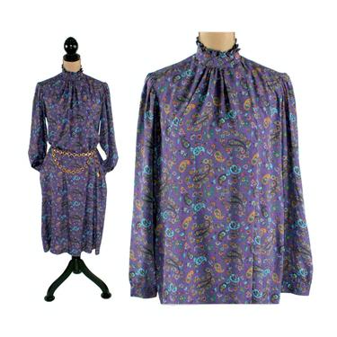 80s Purple Paisley Midi Dress Medium, Modest Flowy Long Sleeve Polyester with High Collar & Pockets, 1980s Clothes Women Vintage by Jordache 