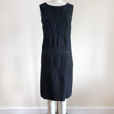 Sleeveless Black Shift Dress with Crochet Details - 1960s 