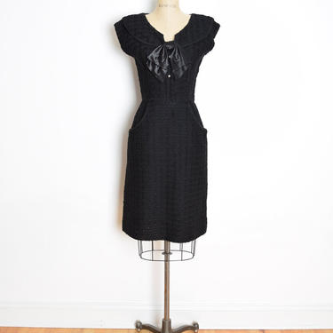 vintage 60s dress black wool satin sailor bow mid century pinup dress S clothing 