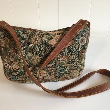 Vintage L.L. Bean Tapestry Bag Handbag Purse Satchel Carpet Floral Leather Made in USA Maine Brown Green Crossbody 1980s 