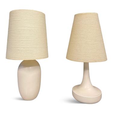 Bostlund Pair of Complimentary White Ceramic Lamps W/Original Shades Mid Century