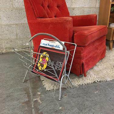LOCAL PICKUP ONLY Vintage Magazine Rack Retro 1960's Mid-Century Modern Silver Metal Vinyl Record Holder with Pointed Feet + Twisted Handle 