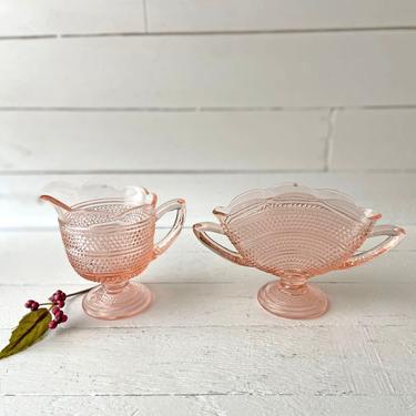 Vintage Pink Hobnail Depression Glass, Thousand Eye Pattern // Pink Sugar Bowl And Creamer Tea Set, Vintage Pink Fan Vase // Perfect Gift 