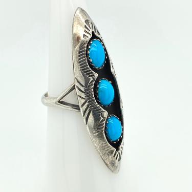 Vintage Artisan Navajo Sterling Silver 3 Stone Turquoise Shadow Box Ring Sz 6.75 Stamped Designs 