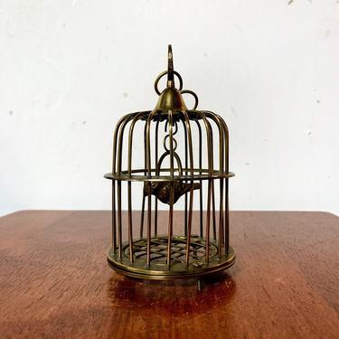 Vintage Brass Bird Swinging in Bird Cage Miniature Figurine 