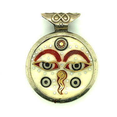 Vintage Artisan Tibetan Buddha Eyes Pendant Necklace Silver Brass 