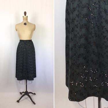 Vintage 50s skirt | Vintage black cotton eyelet skirt | 1950s Aline skirt 