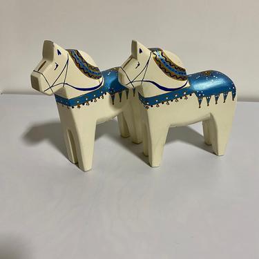 Mid-Century Pair Signed, Hand Carved and Painted, 6” Wooden Dala Horse Figures 