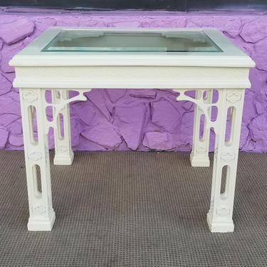 1960's Chinoiserie  Palm Beach  Fretwork White Lacquer Side Table . 
