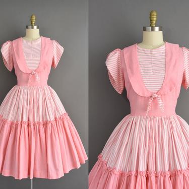 vintage 1950s dress | Adorable Pink Pinstripe Cotton Sweeping Full Skirt Dress | Large | 50s vintage dress 