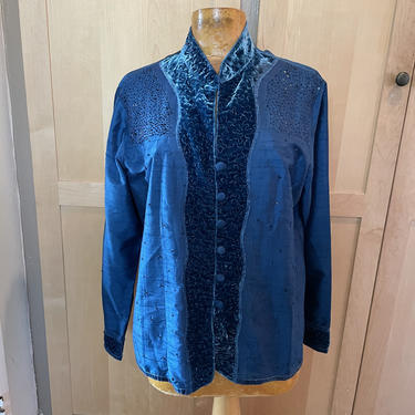 Vintage Silk Jacket Blue Velvet Asian Style Beaded Jacket 90s Chicos 