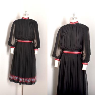 Vintage 1980s Dress /80s Pleated Chiffon Ribbon Dress / Black Pink ( medium M ) 