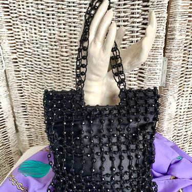 Jet Black Chunky Beads Purse, Handbag, Giorgio Beverly Hills, Vintage 80s Goes 60s 