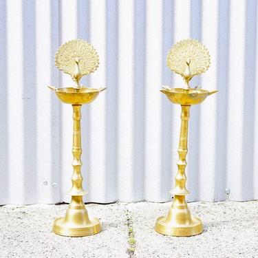Vintage Brass Peacock Ashtrays, Pair Of Standing Ashtrays, 16&quot; Tall, Cigarette Holders, Engraved Brass, Set Of Two, Unique Home Decor 