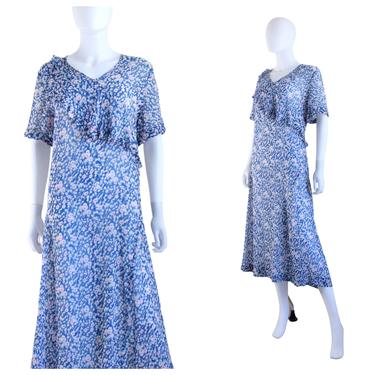 Early 1930s Blue & Pink Floral Cotton Voile Day Dress - 1930s Floral Dress - 1930s Ruffle Trim Dress - 1930s Cotton Day Dress | Size Large 
