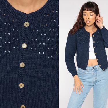 80s Cardigan Sweater Navy Blue Wool Sweater Button Up Sweater Grandma Slouchy Boho Vintage Pointelle Granny Sweater Bohemian Small S 