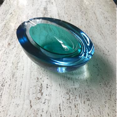 Cool Retro Art Glass Blue Geode Ashtray Bowl Dish Vintage Mid-Century Murano Italy Modern 