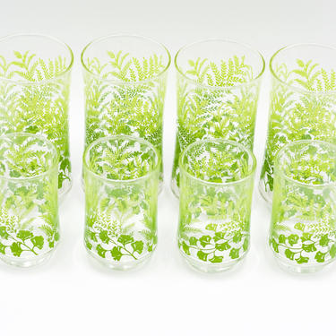 Vintage Libbey Green Ombre Fern Ginko Leaves Glassware, 4 Juice Glasses, 4 Tumblers, Lime Green Leaf, Yellow, Retro Glass, Drinkware, 