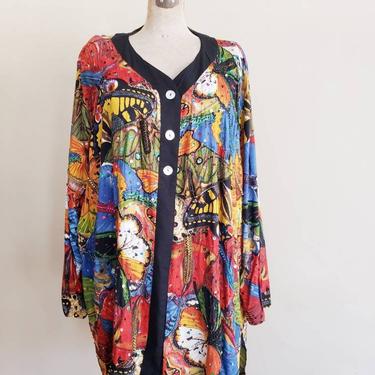 80s Butterfly Print Button Down Oversized Duster / 1980s Colorful Sequined Beaded Jacket Plus Size 2X / Boho Webebop Multicolored Loud Print 