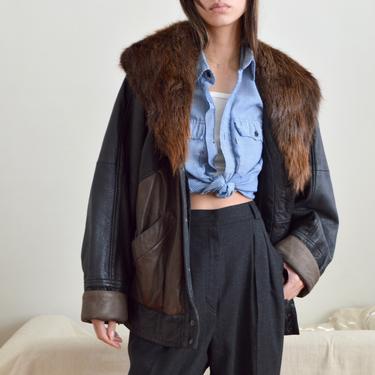 80s leather beaver fur collared patchwork jacket 