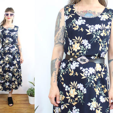 Vintage 90's Dark Blue Floral Midi Dress / 1990's Summer Rayon Flower Dress / Women's Size Medium Large by Ru