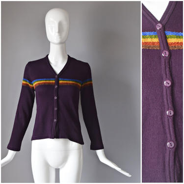 vtg 90s Street Code deep purple ribbed button down knit long sleeve top with rainbow stripe pattern | 1990s stretch cardigan style top 