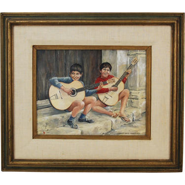 1969 Oil Painting Boy Buskers Sicilian Street Musicians w Classical Guitars 