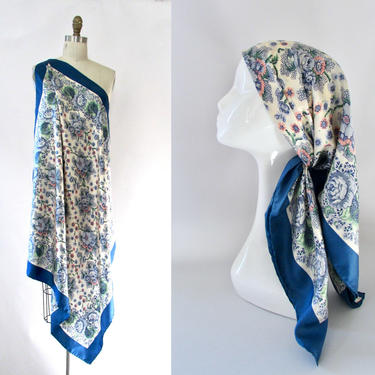 LIBERTY OF LONDON Vintage 70s Silk Scarf, 1970s Large Blue Rose Floral Print Headscarf, Necks Scarf | Bonwit Teller, British Made in England 