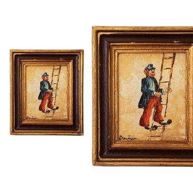 Vintage Circus Clown Painting / Original Vintage Art in Chippy Gold Frame / Small Clown on a Ladder Painting / Mid Century Wall Decor 