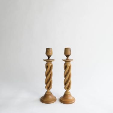 Set of Two Vintage Wooden Swirl Taper Candle Stick Holder 