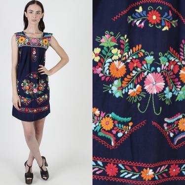 Vintage Navy Blue Mexican Tank Dress Traditional Floral Embroidered Bird Shift Coverup Quinceanera Mini Dress 