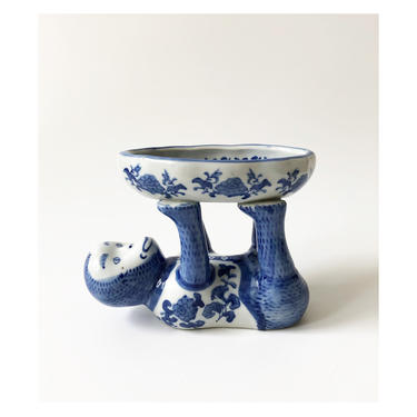 Vintage Blue and White Porcelain Monkey Dish / Soap Dish 