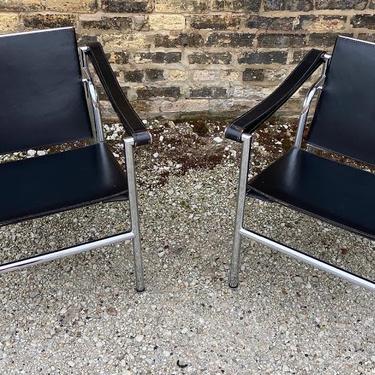 Le Corbusier Steel and Black Leather LC1 Chairs for Cassina, 1970s