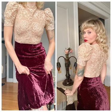1930s Dress // Bordeaux Kiss Lace & Velvet Dress // vintage 30s dress 