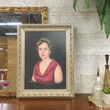 Vintage Portrait Print Retro 1960s Large Size 28x21 Portrait of a Woman by Tom Morris + Printed Painting + Glass Front + Wood Frame Wall Art 