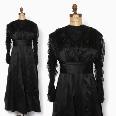 Vintage EDWARDIAN DRESS / Antique 1910s Black Silk Net Lace Gown S - M 