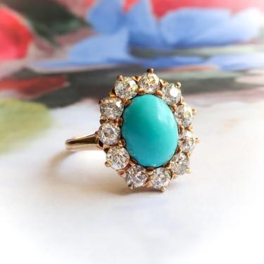Antique Art Nouveau 3.64 ct.tw. Turquoise Diamond Halo Ring 14K 