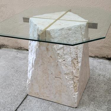 Tesellated Stone Travertine, Brass, and Glass Postmodern Side Table
