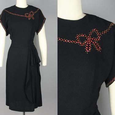 1940s Studded Bow Dress | Vintage 40s Cocktail Dress with Sequins and Studs | medium 