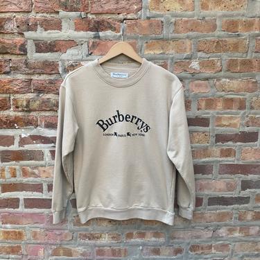 Vintage 80s BURBERRYS Logo Crewneck Sweatshirt Size SMALL AUTHENTIC Burberry’s of London Khaki Tan Spellout Designer 