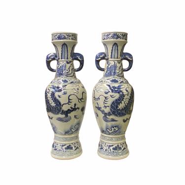 Pair Chinese Blue White Porcelain Dragons Elephant Ears Tall Vases ws1644E 