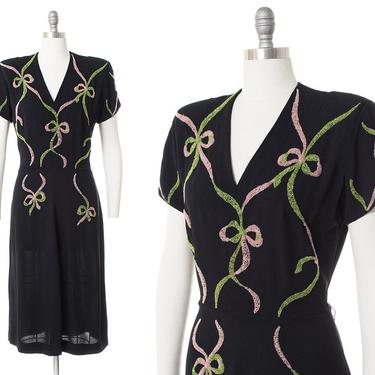 Vintage 1940s Dress | 40s Bow Beaded Black Rayon Crepe Wiggle Cocktail Evening Dress (medium) 
