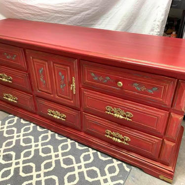 Red vintage buffet, sideboard, dresser, entry table, TV Stand, vintage buffet, vintage dresser 