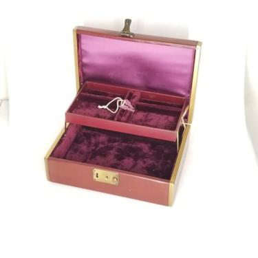 Vintage Jewelry Box / 1960s Brass Side Jewelry Box / Burgundy Costume Jewelry Box / Rectangular Velvet Lined Jewelry Box / Midcentury Box 