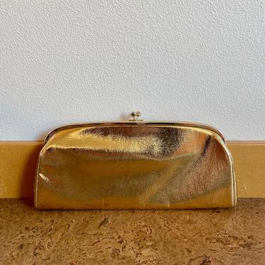 Vintage Gold Metallic Clutch, Chain Handle Purse, Kiss Lock Clasp Evening Bag 
