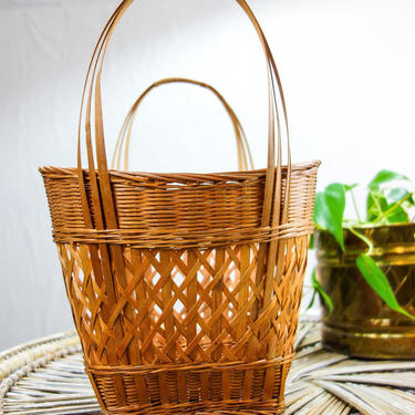 Vintage woven basket with handles 13 x 9.5&amp;quot; thin wicker rattan table top or decorative wall basket farmhouse decor wall hanging 