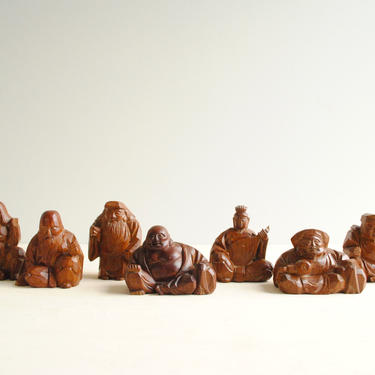 Vintage Hand Carved Japanese Wood Figures, Buddha Figurine, Japanese Wooden Figurines 