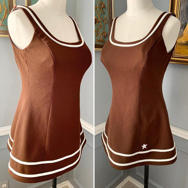 Vintage Swimsuit, Romper, Nautical Flare Skirt, Open Back, Fits 40 C, Vintage 60s 70s Pin Up 